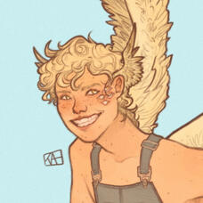 Illustration done by Rae N. Close up of Erkenwald, a blonde angel. He grins wide in 3/4 profile. Blonde ashen wings spread from behind his ears. Multiple eyes dot one of his cheeks.